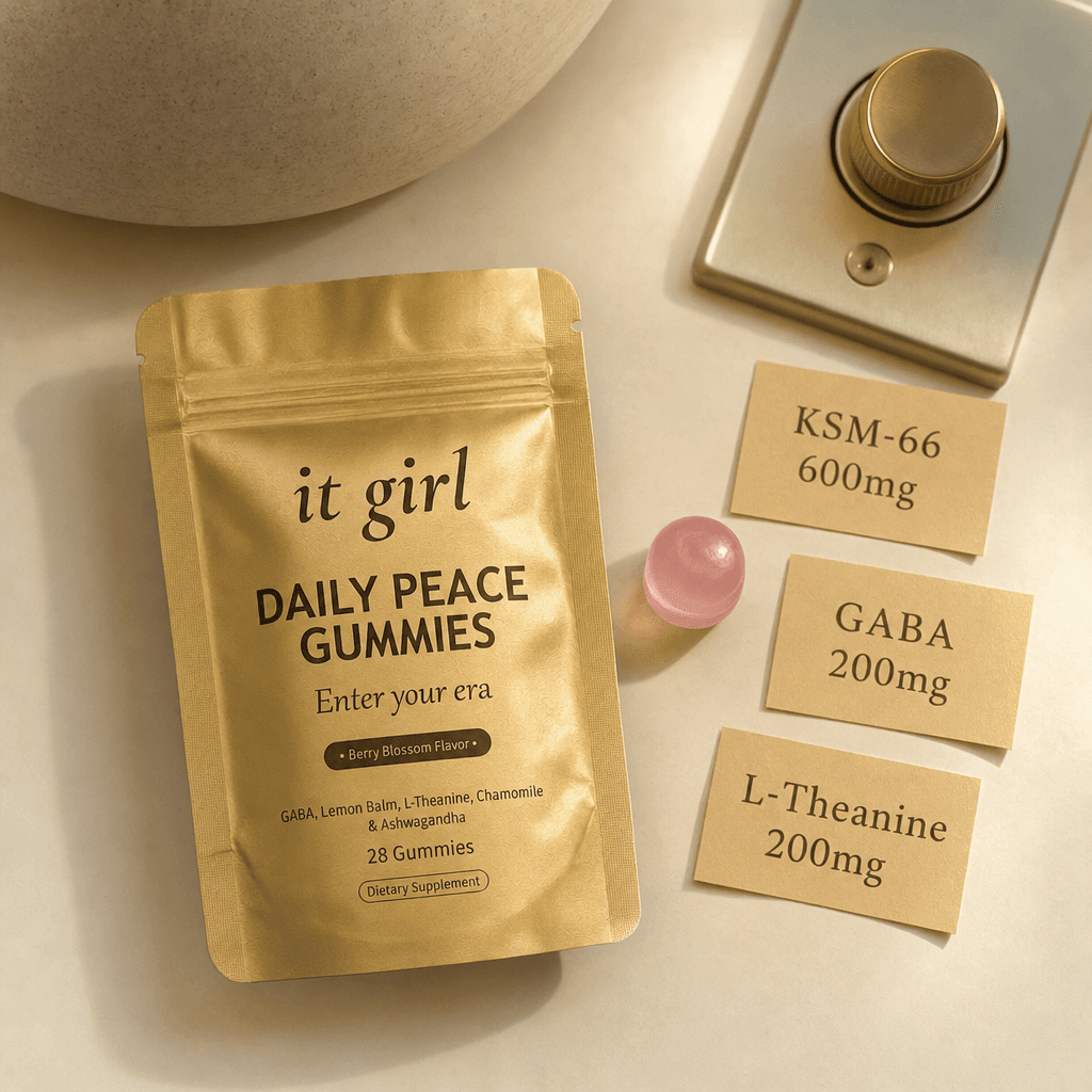 Educational still, a Daily Peace gummy beside three dose cards, KSM-66 600mg, GABA 200mg, L-Theanine 200mg, the full mechanism