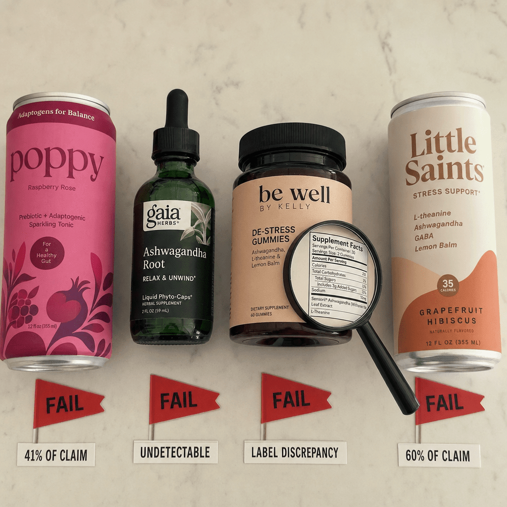 Forensic lab lineup of recognizable real stress supplement bottles and adaptogen drinks with red fail tags, the shelf that failed potency testing