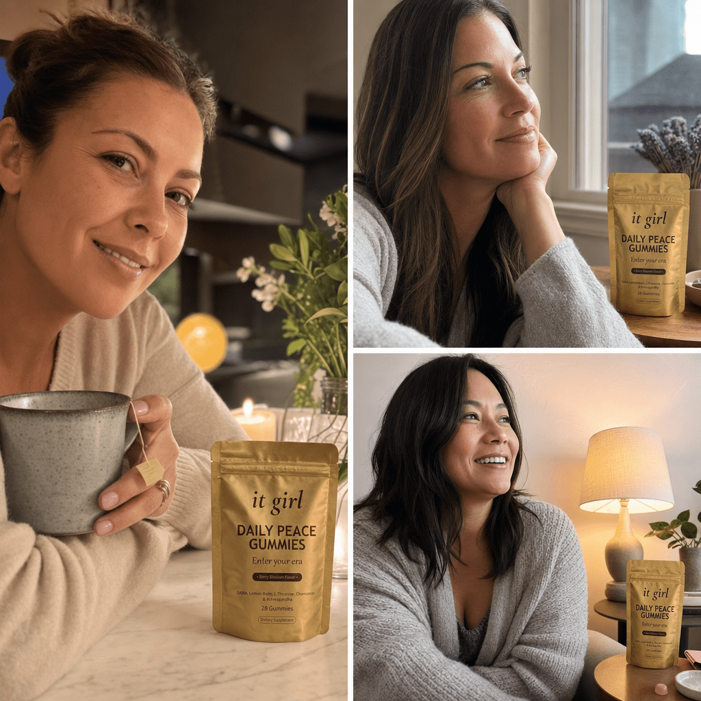 Candid montage of real women 30 to 48 calm in their evenings each with a Daily Peace pouch nearby, the receipt-thread community who switched