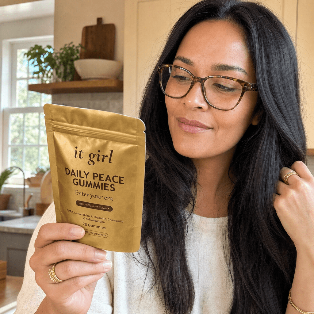 Woman 35 to 45 turning a pouch over to read the ingredient panel, glasses on, the label-literate validated self