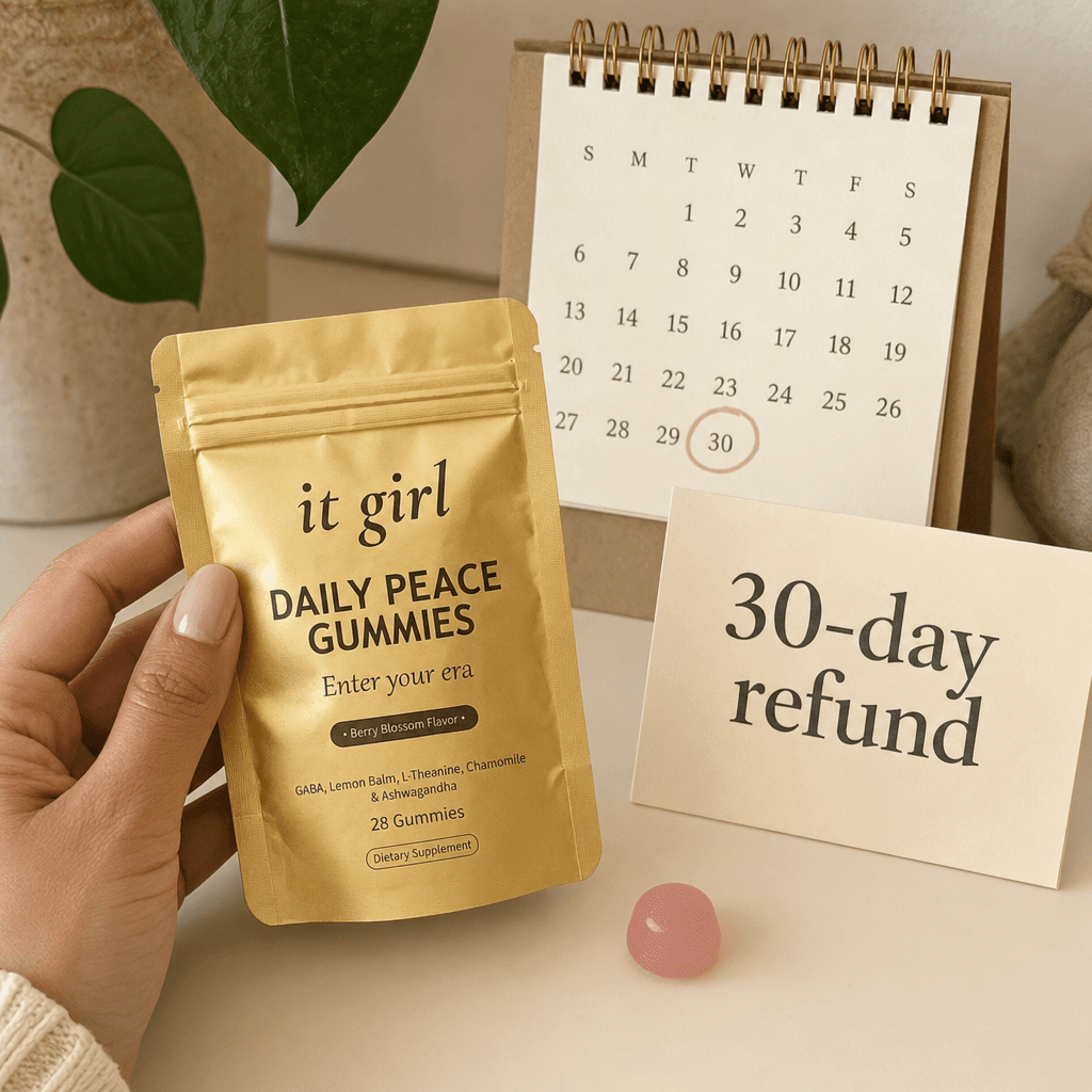 Daily Peace pouch beside a month calendar and a 30-day refund card, a full month to feel it risk-free