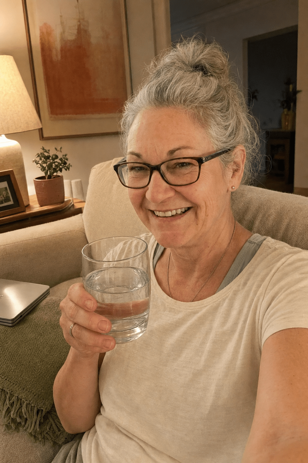 Composed evening selfie of a woman about sixty on her couch at 7:43, laptop closed, water in hand, no wine in sight, the after state