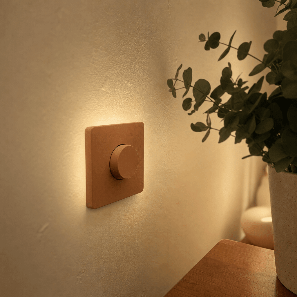 Warm-clay dimmer dial turned low at dusk, the off-switch easing back on after being drained
