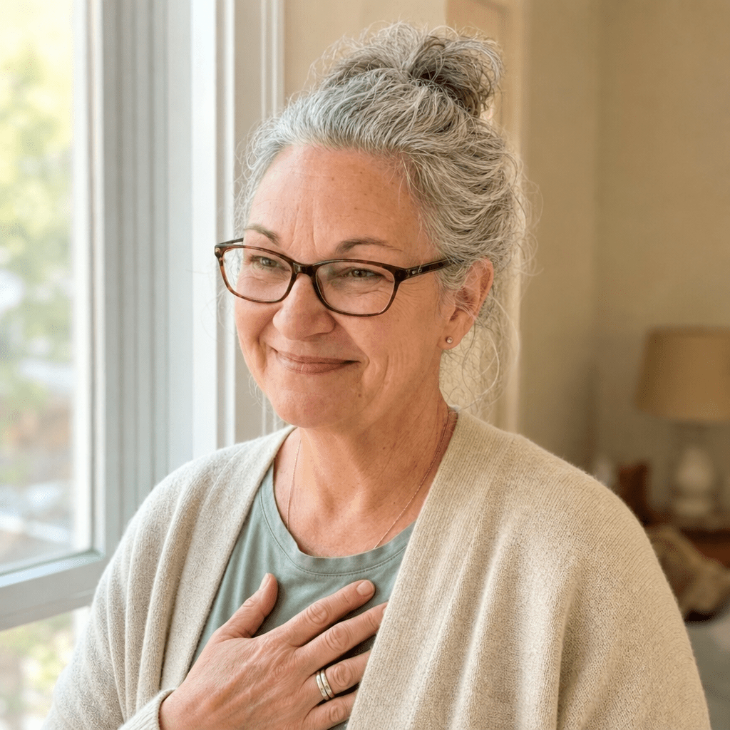 Woman about sixty at a window, hand on her chest, self-compassionate, she stopped blaming herself