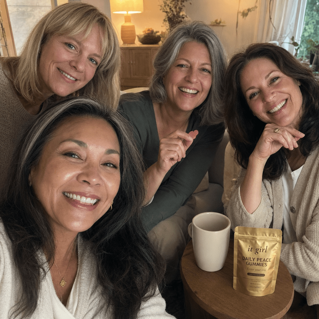 Relaxed group of women 50 to 65 with tea and water, present and laughing, no wine, not the only one