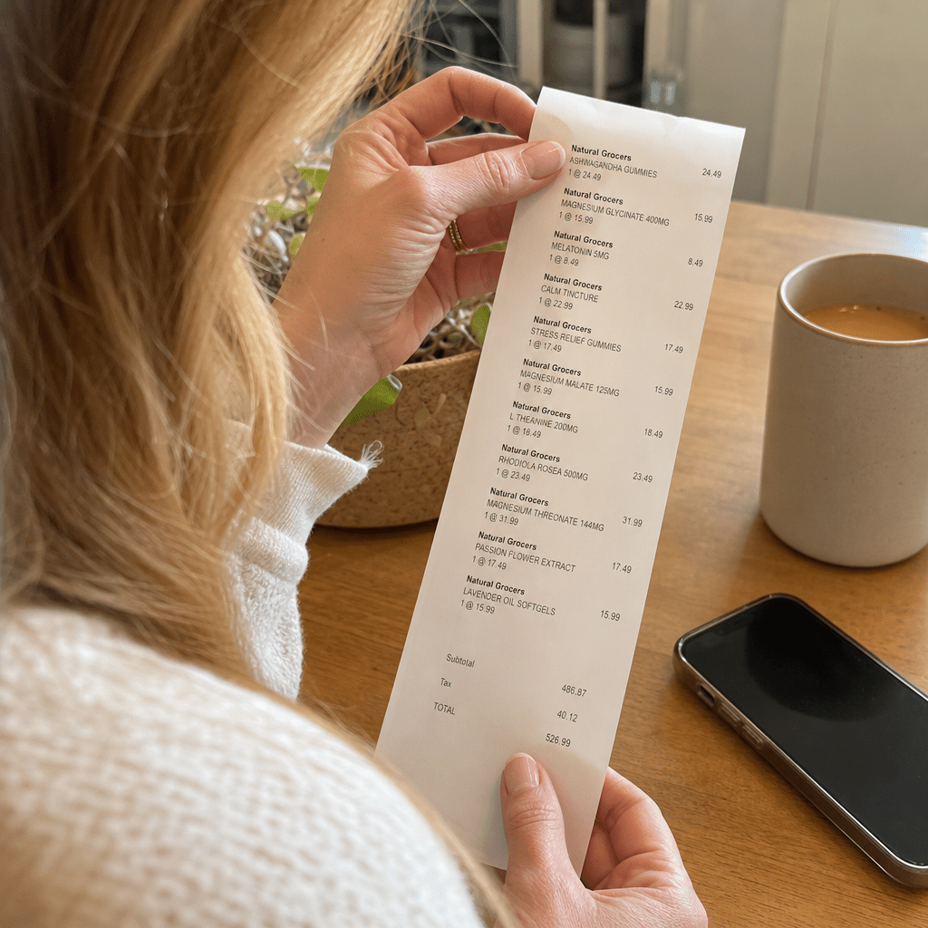 Real photo of a woman's printed supplement-store receipt held in one hand on a kitchen table, several stress-supplement line items visible, the same brand repeating, a faded total near 487 dollars, two years of receipts
