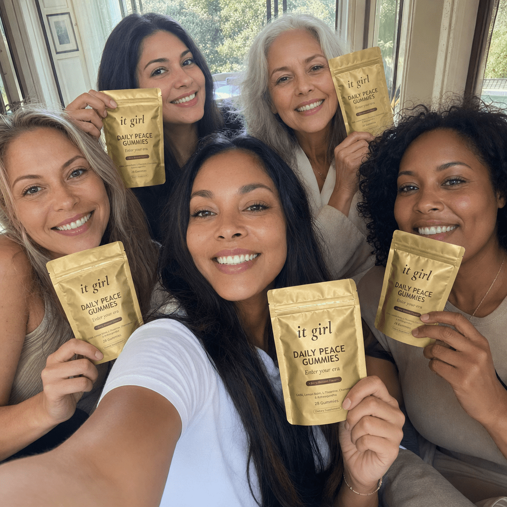 Real warm group selfie photo of several happy real-looking women together holding up It Girl Daily Peace pouches, natural daylight, candid and genuine, the women who switched