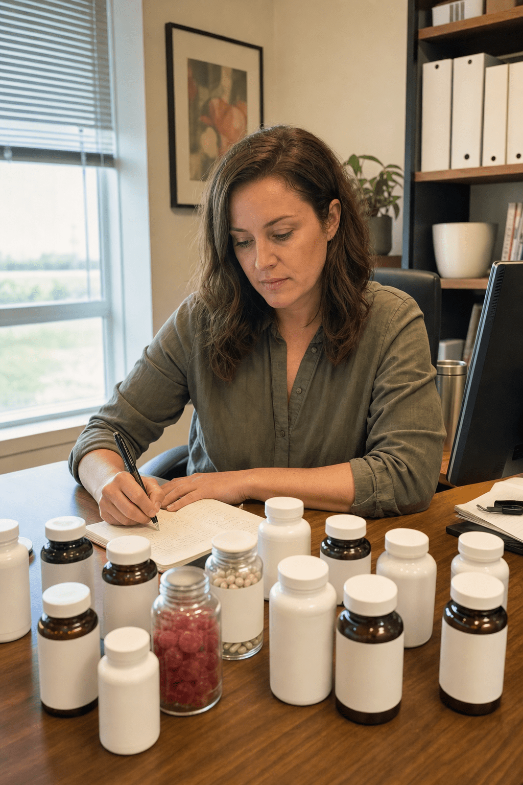 Lauren Hartley at her office desk surveying a dozen unbranded stress-supplement bottles she lined up to send to a lab for testing, notebook in hand