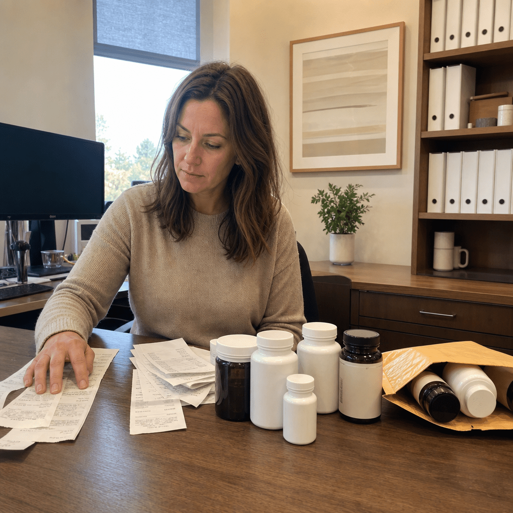 Supplement-store receipts and generic unbranded bottles on Lauren Hartley's office desk beside a padded mailer half-packed to ship to the lab, the same office as the hero