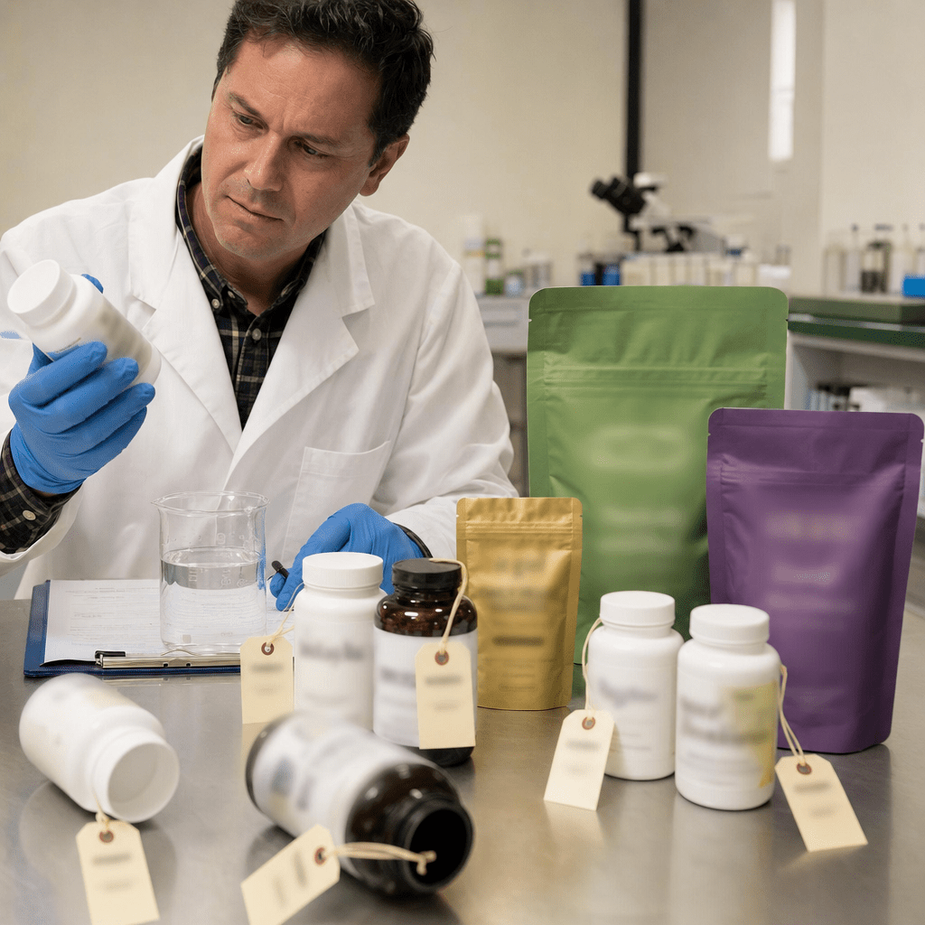 Laboratory bench with a row of blurred unbranded supplement bottles and pouches, including a bigger green pouch and a purple pouch and a gold pouch blended in among them all illegible, several pushed aside into a reject group, a male clinician checking results