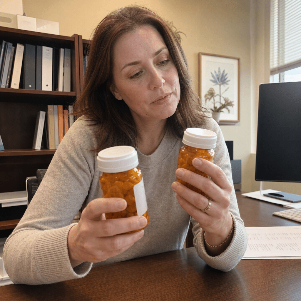Lauren Hartley at her office desk holding two amber prescription bottles, one in each hand, both filled with gummies, comparing the two that carried the studied dose, lab results sheet behind