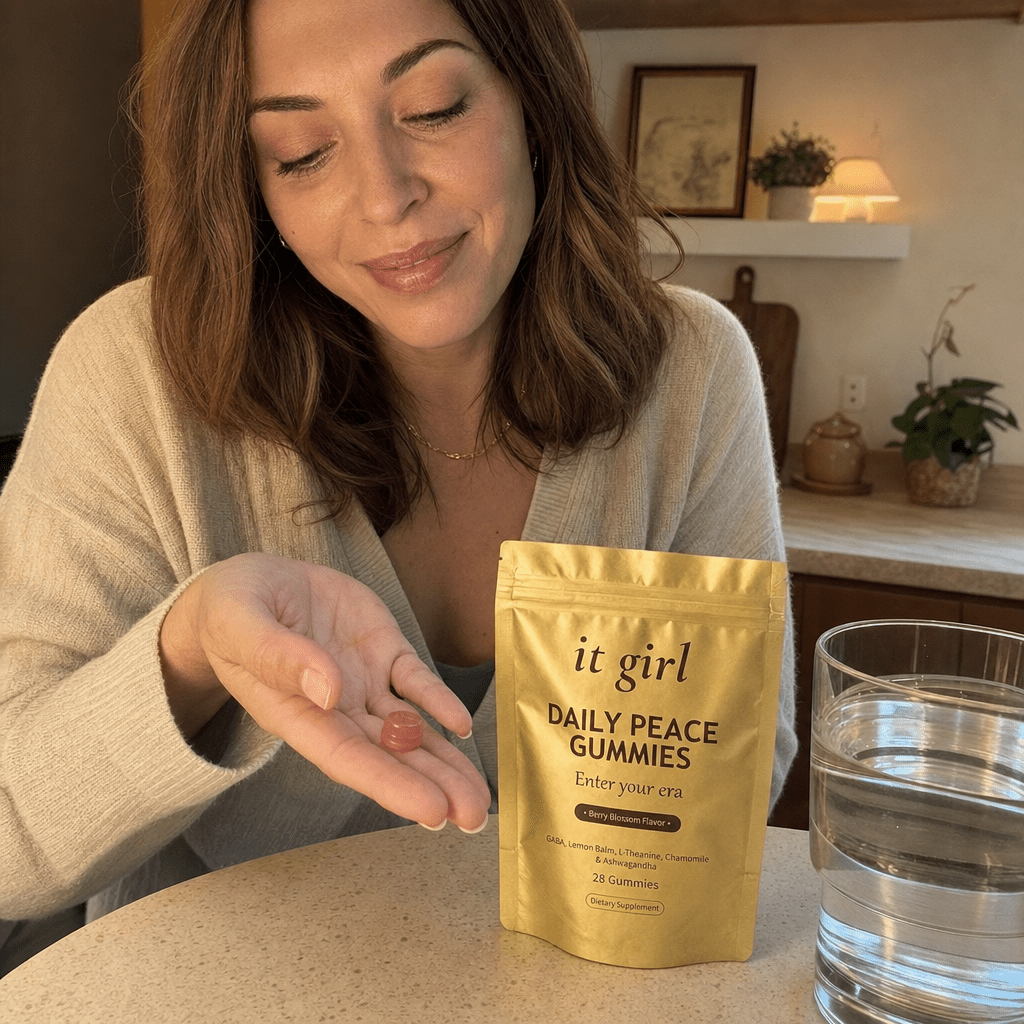 Lauren Hartley taking a single pink Daily Peace gummy from her palm in early-evening kitchen light, the gold pouch and a glass of water beside her