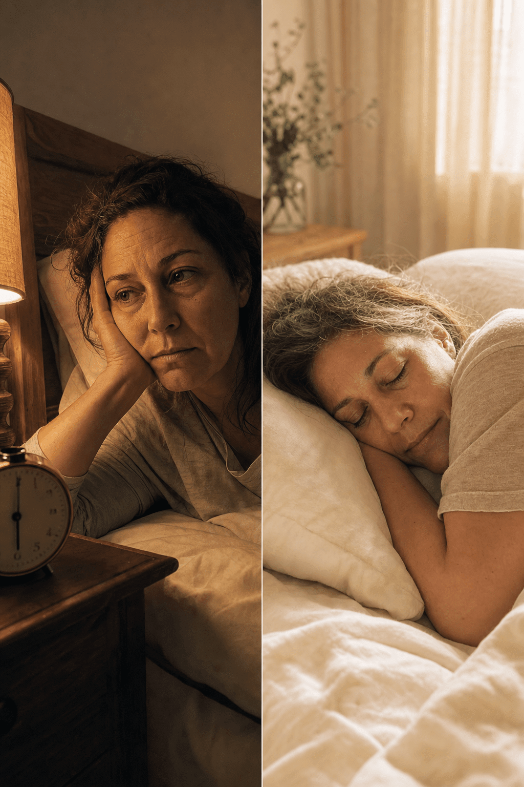 Before and after of the same woman 40 to 55, left wide awake and exhausted at 3 AM in a dim bedroom, right sleeping straight through to a calm rested morning