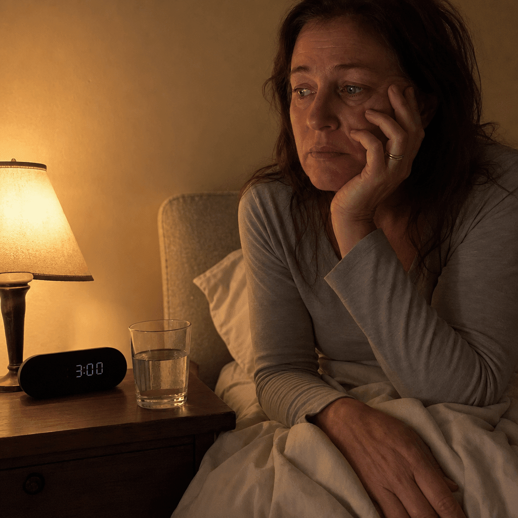 Woman 40 to 55 sitting up wide awake at 3 AM in a dim bedroom, drained and depleted, the early-morning wake that arrives like clockwork