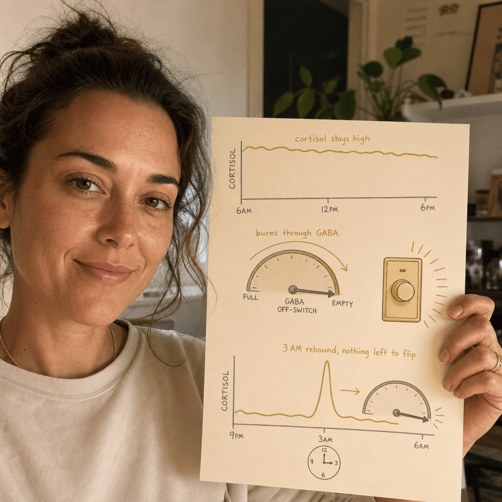 Simple educational diagram of the cortisol off-switch mechanism, cortisol staying high all day and burning through the GABA off-switch so 3 AM has nothing left to flip