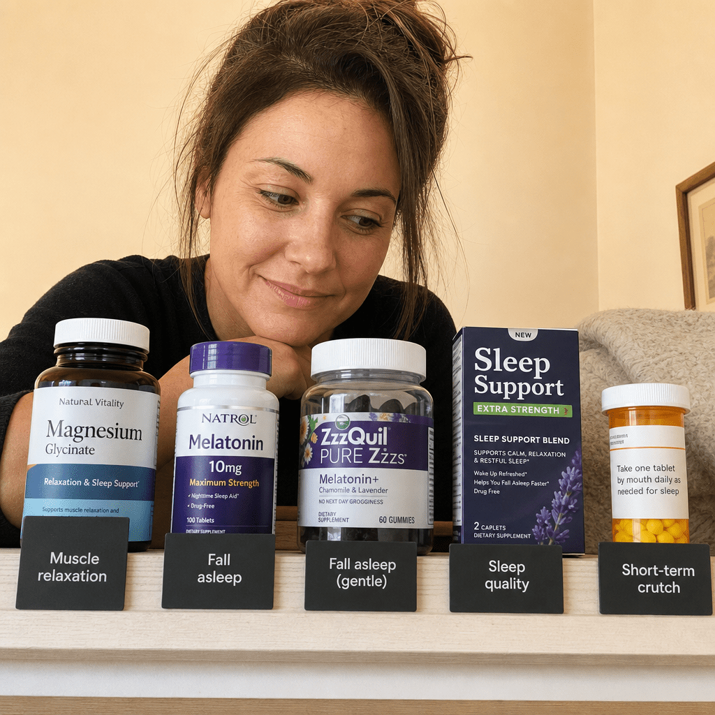 Eye-level shelf row of real sleep aids magnesium melatonin and sleep gummies each tagged with what it actually does and noted as the wrong layer for a 3 AM wake-up