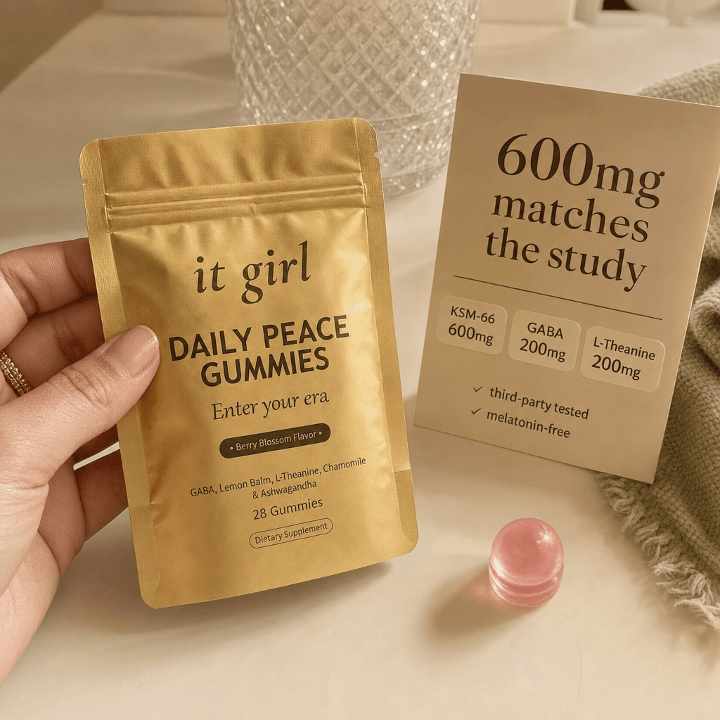 Daily Peace pouch beside a lab card reading 600mg matches the study with dose chips KSM-66 600mg GABA 200mg L-Theanine 200mg, the studied formula revealed