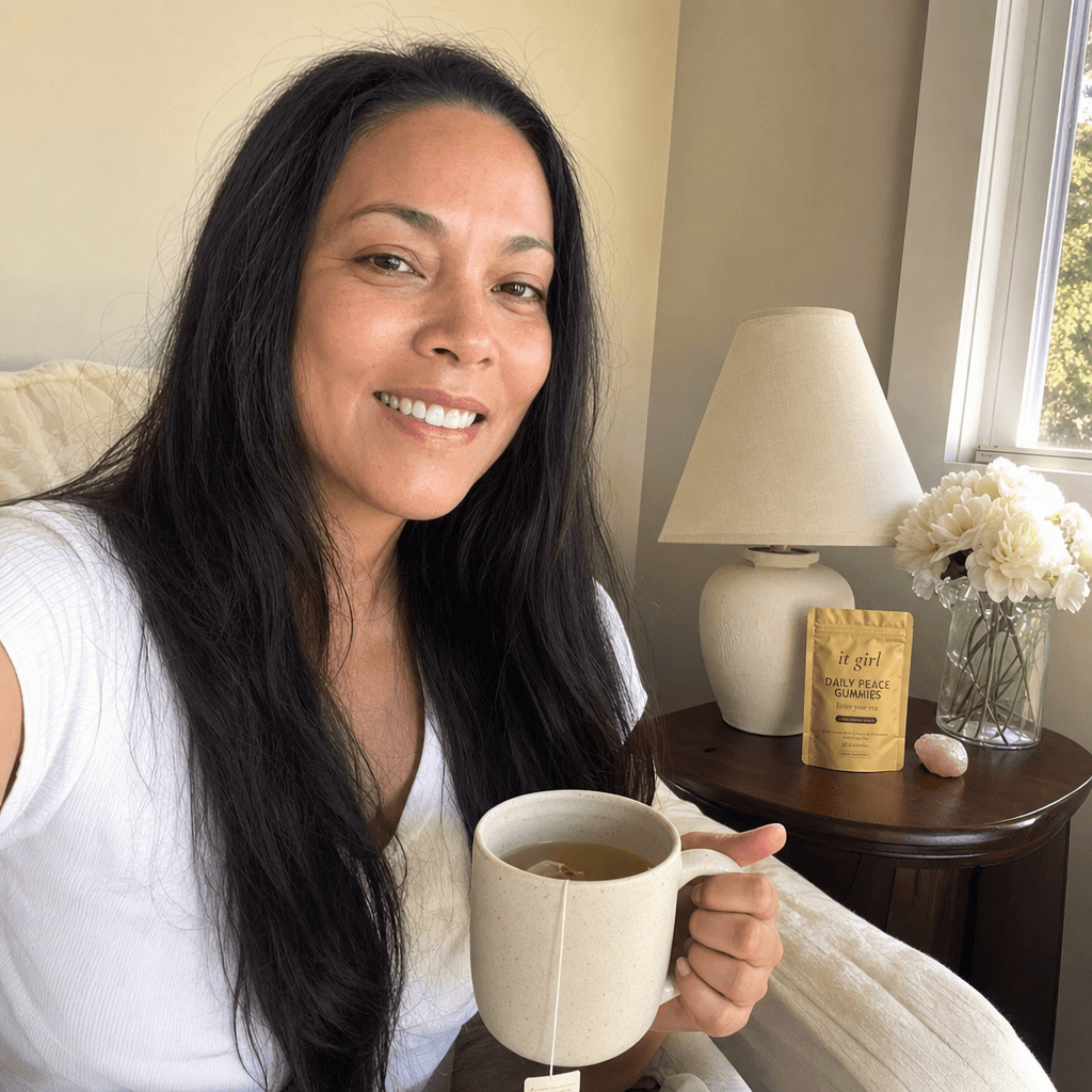 Woman 40 to 50 calm and clear-headed in the morning with no grogginess, a Daily Peace pouch nearby on the counter