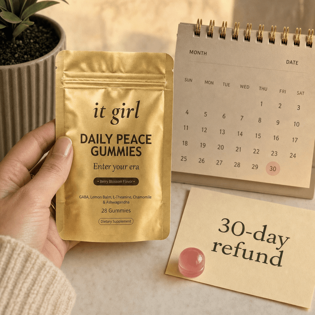 Daily Peace pouch beside a month calendar and a 30-day refund card, a full month to feel it risk-free