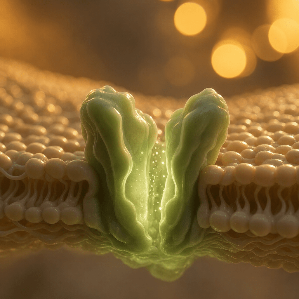 A calm green GABA-A receptor cross-section glowing open, the wind-down the body actually misses, an editorial investigation still at golden hour
