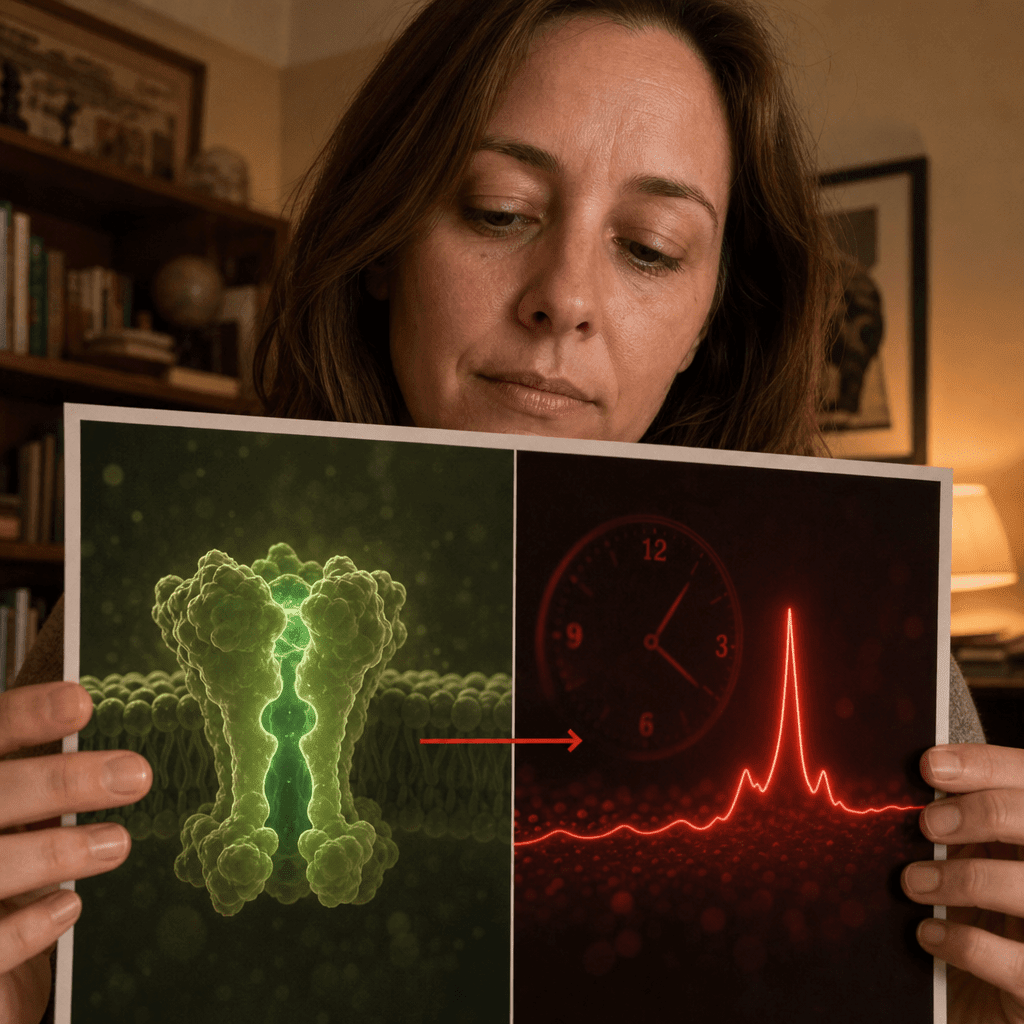 A split two-panel investigation still, left a green open receptor labeled wind-down, right a red overnight cortisol surge with a faint 3am clock labeled wake-up, a hairline divider between two separate events