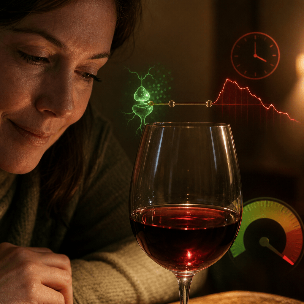 A wine glass in warm light with both a green receptor glow and a red rebound arrow bound together by a bracket, showing ethanol delivers the wind-down and the wake-up as one bundle