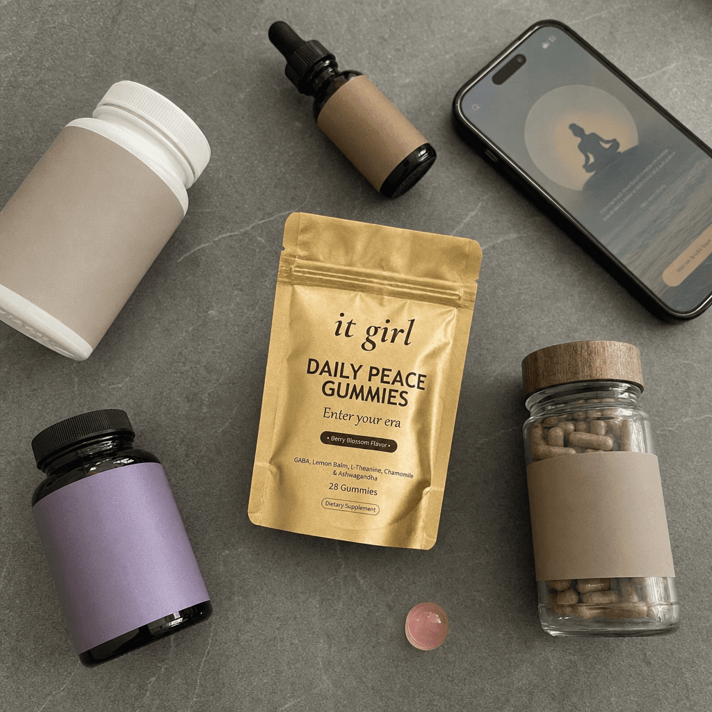 Overhead flat-lay of the swaps that missed, a magnesium bottle, a melatonin bottle, a CBD dropper, a phone showing a meditation app, and a generic ashwagandha jar, none of them delivering the wind-down, no It Girl product yet