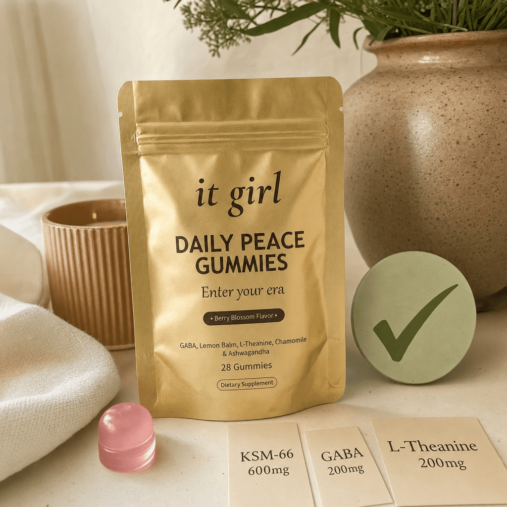 The real matte-gold It Girl Daily Peace pouch with a green checkmark, a single pink gummy, and three dose cards reading KSM-66 600mg, GABA 200mg, L-Theanine 200mg on a warm cream surface, the wind-down without the rebound