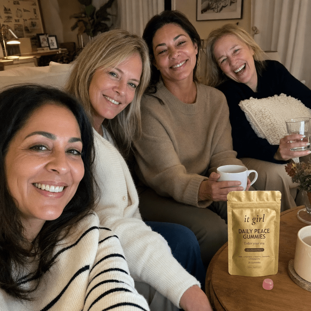 Warm candid group of relaxed women in their forties and fifties laughing together in an evening living room with tea and water, a gold It Girl Daily Peace pouch resting nearby