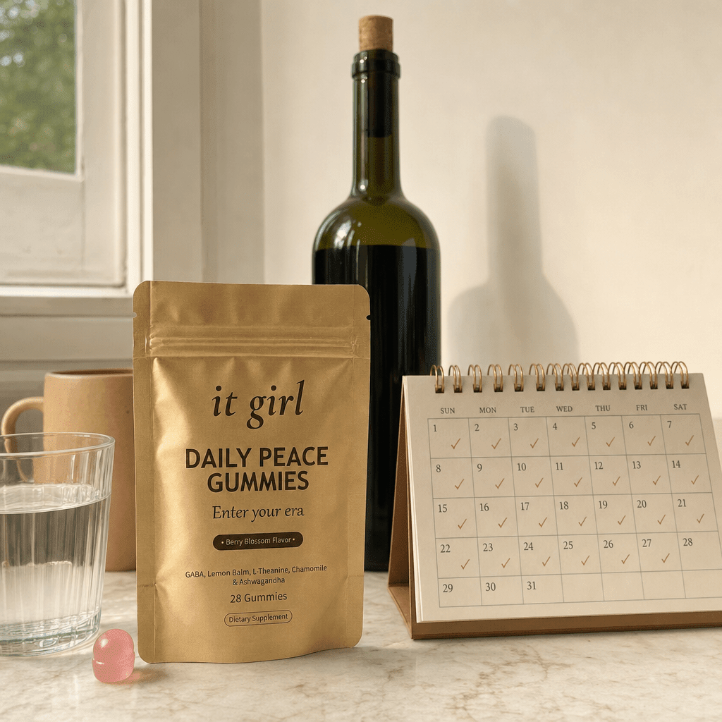 Warm still-life of the palm-sized It Girl Daily Peace pouch beside a month calendar and one corked unbranded bottle of wine, showing a whole month of calm costs less than one bottle