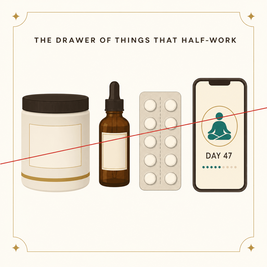 Editorial flat-lay card of the drawer of things that half-work: magnesium, a CBD dropper, melatonin, and a meditation app streak.