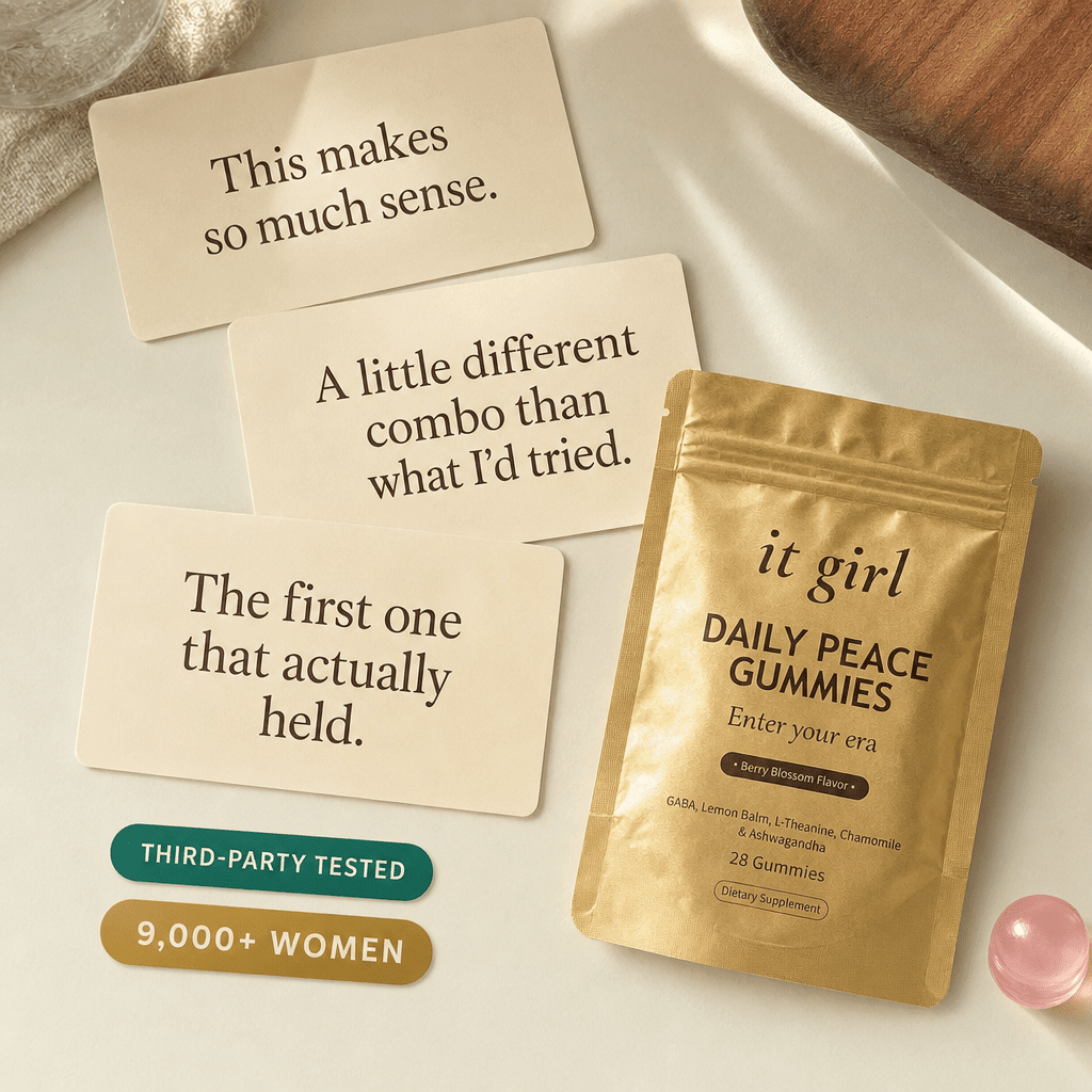The Daily Peace pouch beside third-party-tested and 9,000-plus-women trust badges and review-style quote cards.
