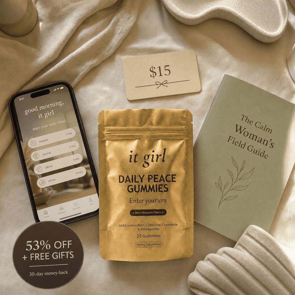The Daily Peace bundle on cream: gold pouch, the It Girl app on a phone, a $15 gift card and the Calm Woman's Field Guide.
