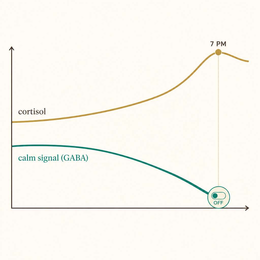 Flat editorial infographic of a cortisol curve rising through the day and peaking in the evening while a low calm-signal GABA line runs underneath it, labeled 7 PM