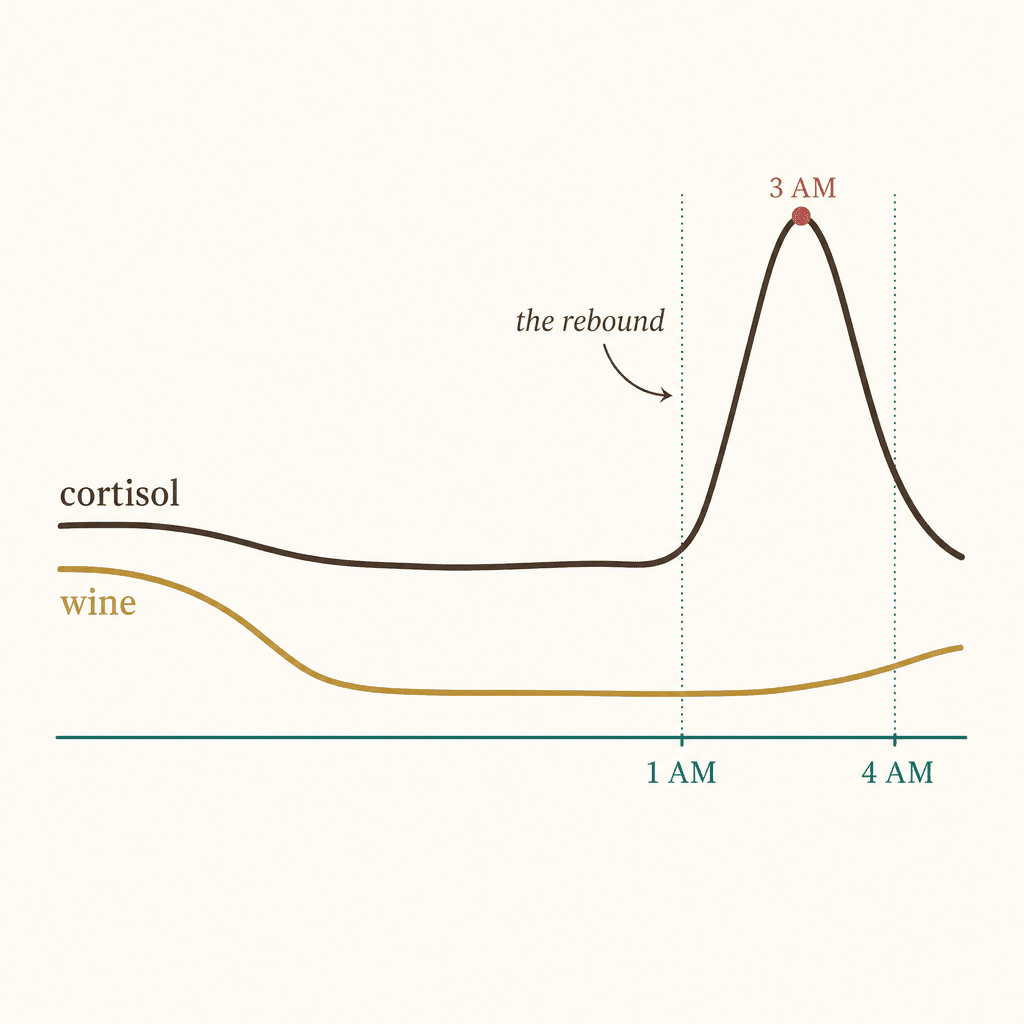 Flat editorial line chart of wine's borrowed calm dipping in the evening then a cortisol rebound spiking between 1 and 4 AM, labeled 3 AM