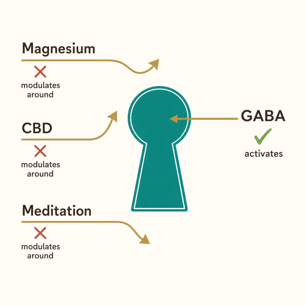 Flat editorial comparison diagram showing magnesium, CBD and meditation arrows glancing around the GABA-A receptor with red X marks while GABA activates it with a green check