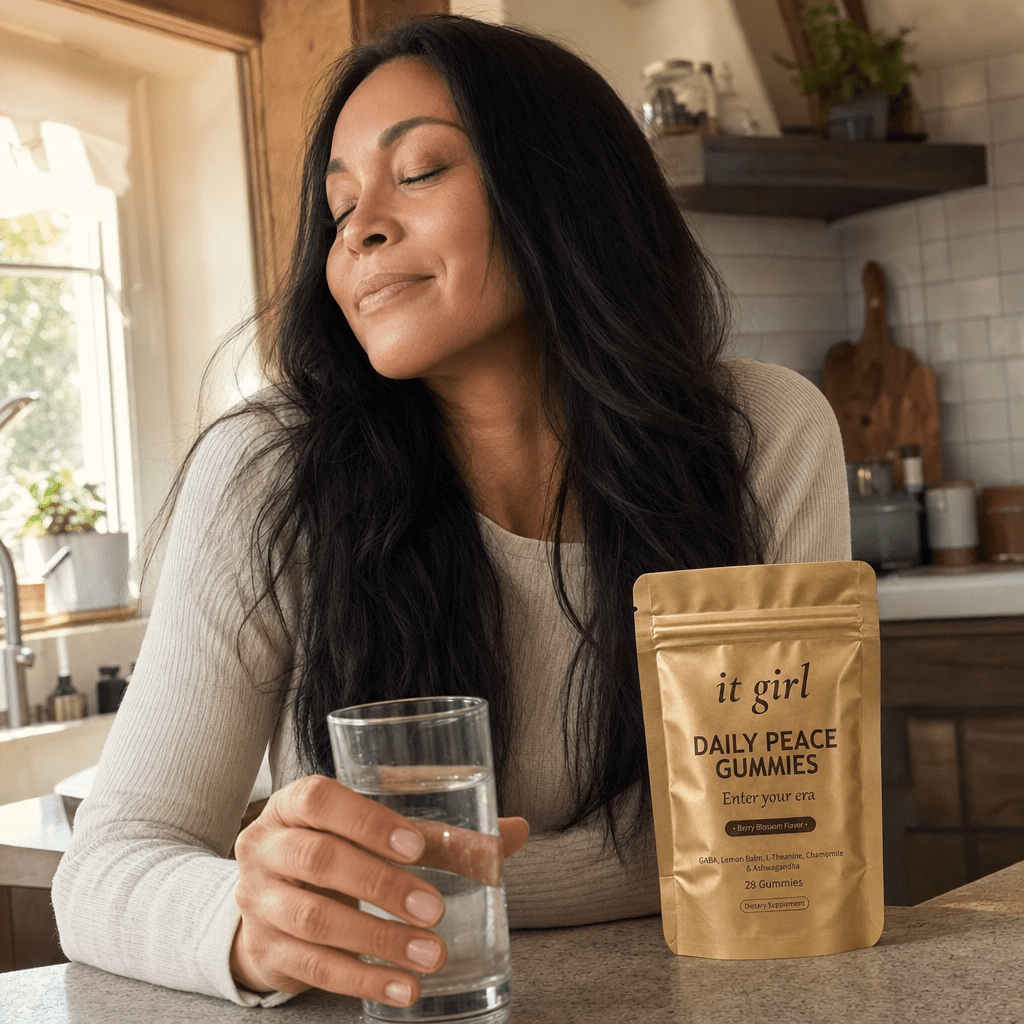 Warm candid of a woman calm and present at her evening counter with a glass of water and the gold Daily Peace pouch nearby, taking an easy exhale instead of pouring a drink