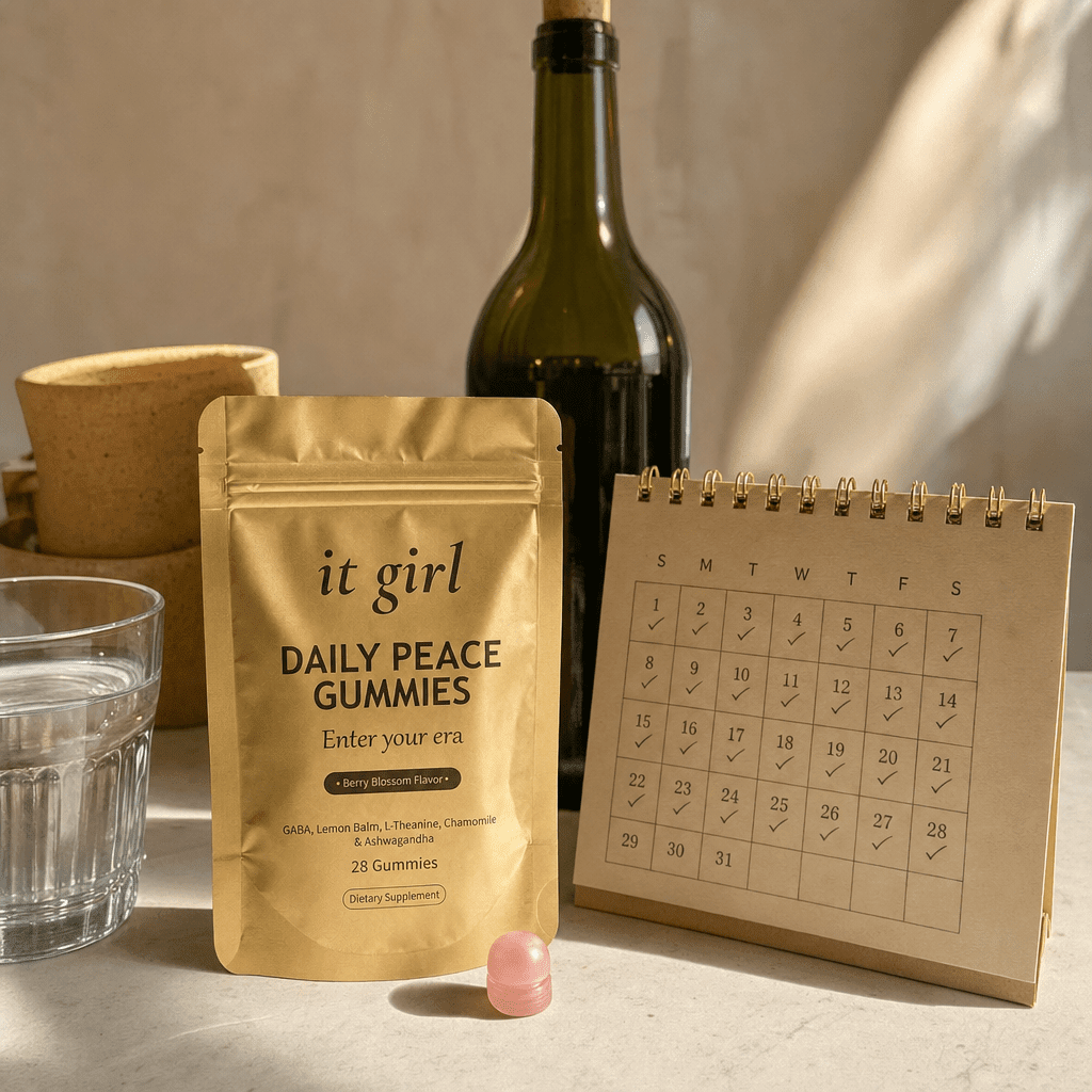 Warm still life of the palm-sized It Girl Daily Peace pouch and a month desk calendar in sharp focus with a single unlabeled dark wine bottle softly out of focus behind them, a whole month of calm for less than one bottle
