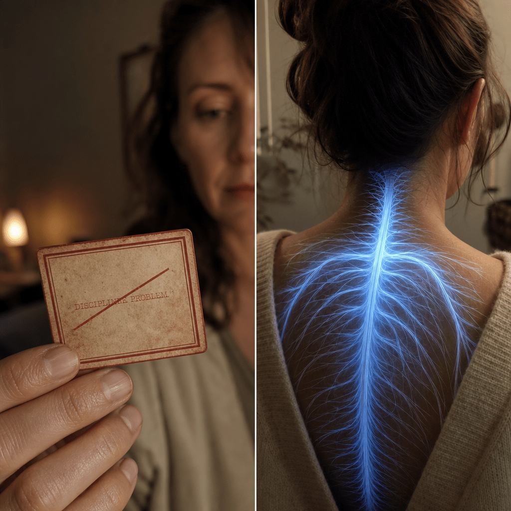 A split investigation still, on one side a red shaming label crossed out, on the other the same nervous system glowing calm blue, the shame frame retired and the biology validated, no product