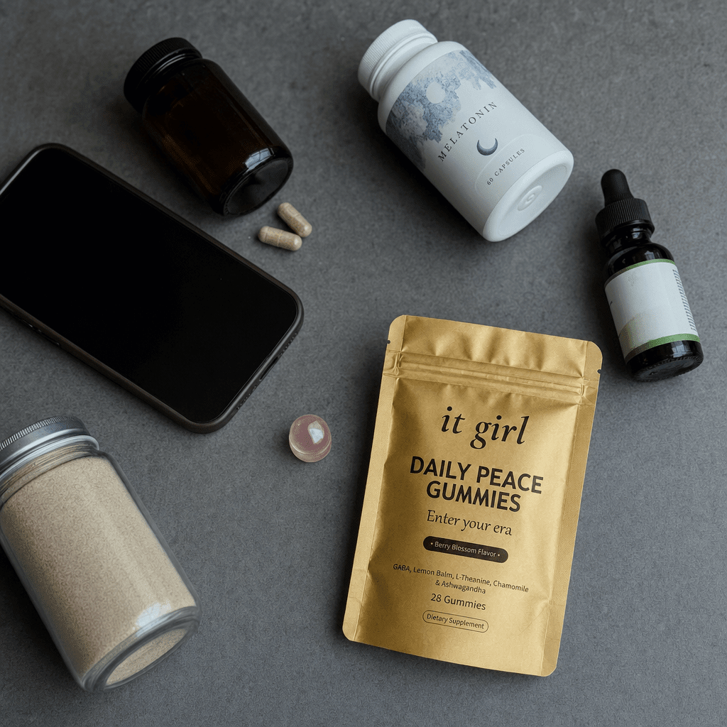 Overhead flat-lay of the swaps that never delivered the signal, a magnesium bottle, a melatonin bottle, a CBD dropper, a phone showing a meditation app, and a generic ashwagandha jar, none of them the calm signal, no It Girl product yet