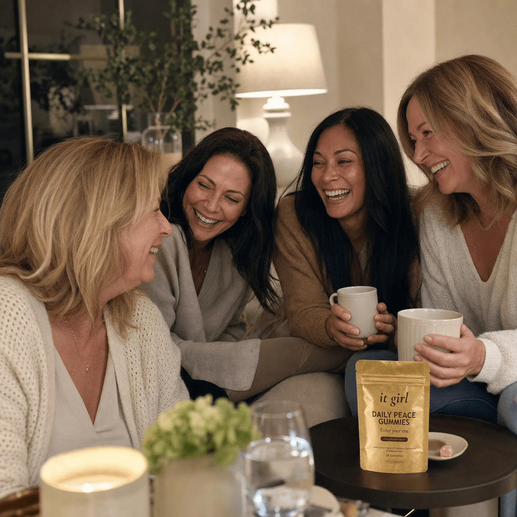 Warm candid group of relaxed women in their forties and fifties laughing together in an evening living room with tea and water, a gold It Girl Daily Peace pouch resting nearby
