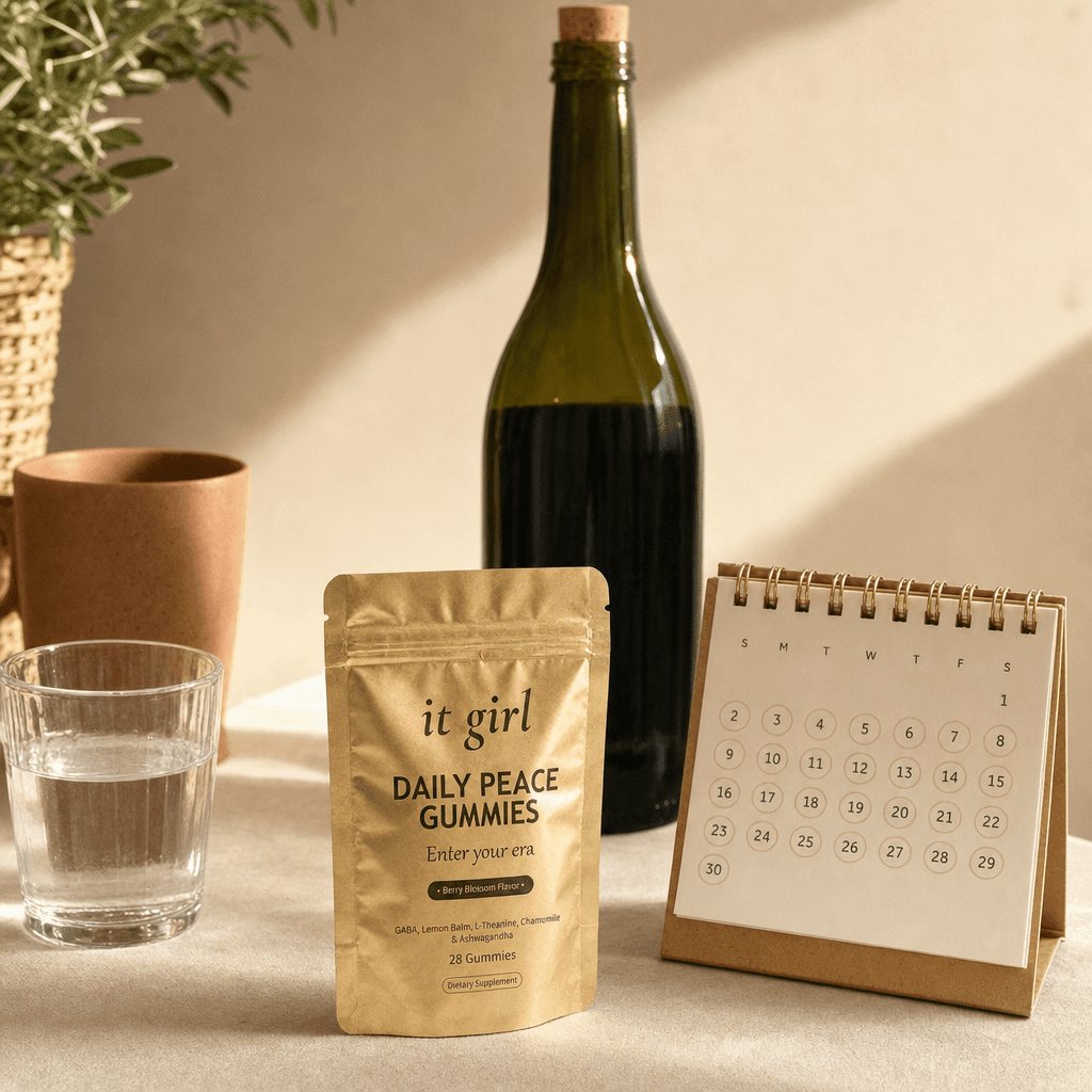 Warm still-life of the palm-sized It Girl Daily Peace pouch beside a month calendar and one corked unbranded bottle of wine, showing a whole month of calm costs less than one bottle