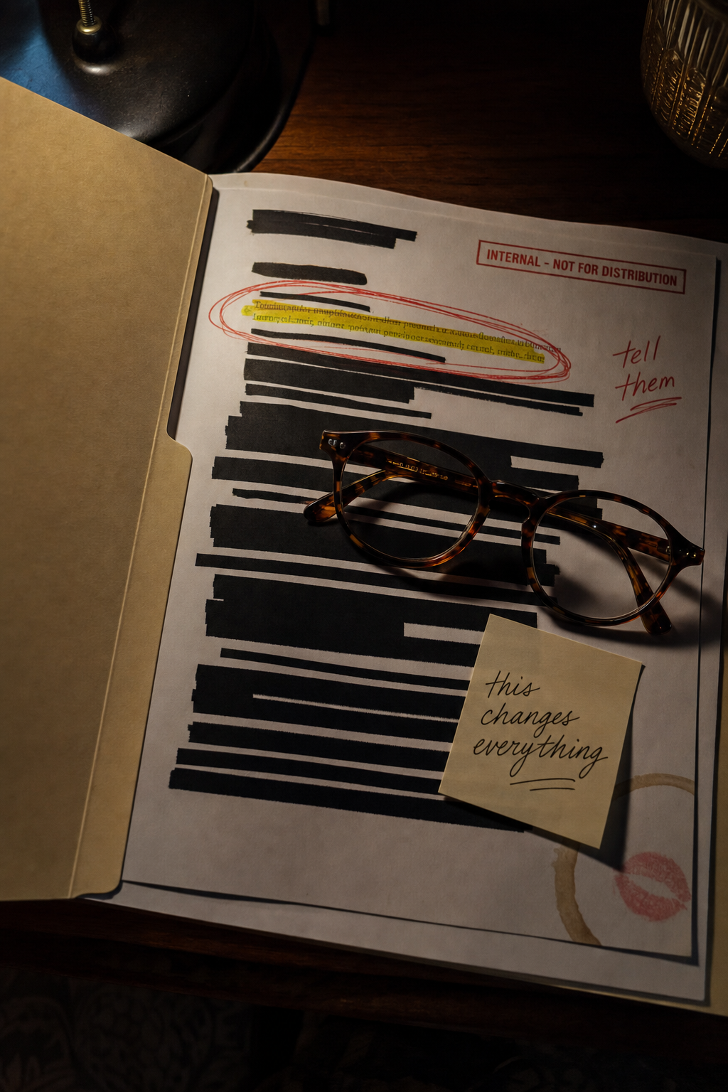 A confidential neuroscience file half-slid from a manila folder in a dramatic pool of desk-lamp light, most of it redacted or in shadow with one red-circled line you cannot quite read, a this changes everything post-it and an internal not for distribution stamp, no product