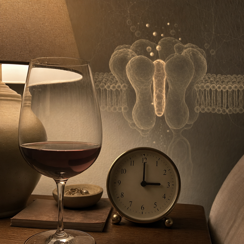 An editorial still of a single muted glass of red wine beside a bedside clock reading 3:00 with a faint GABA-A receptor diagram glowing behind them, the relief that turns into the 3am rebound, no product