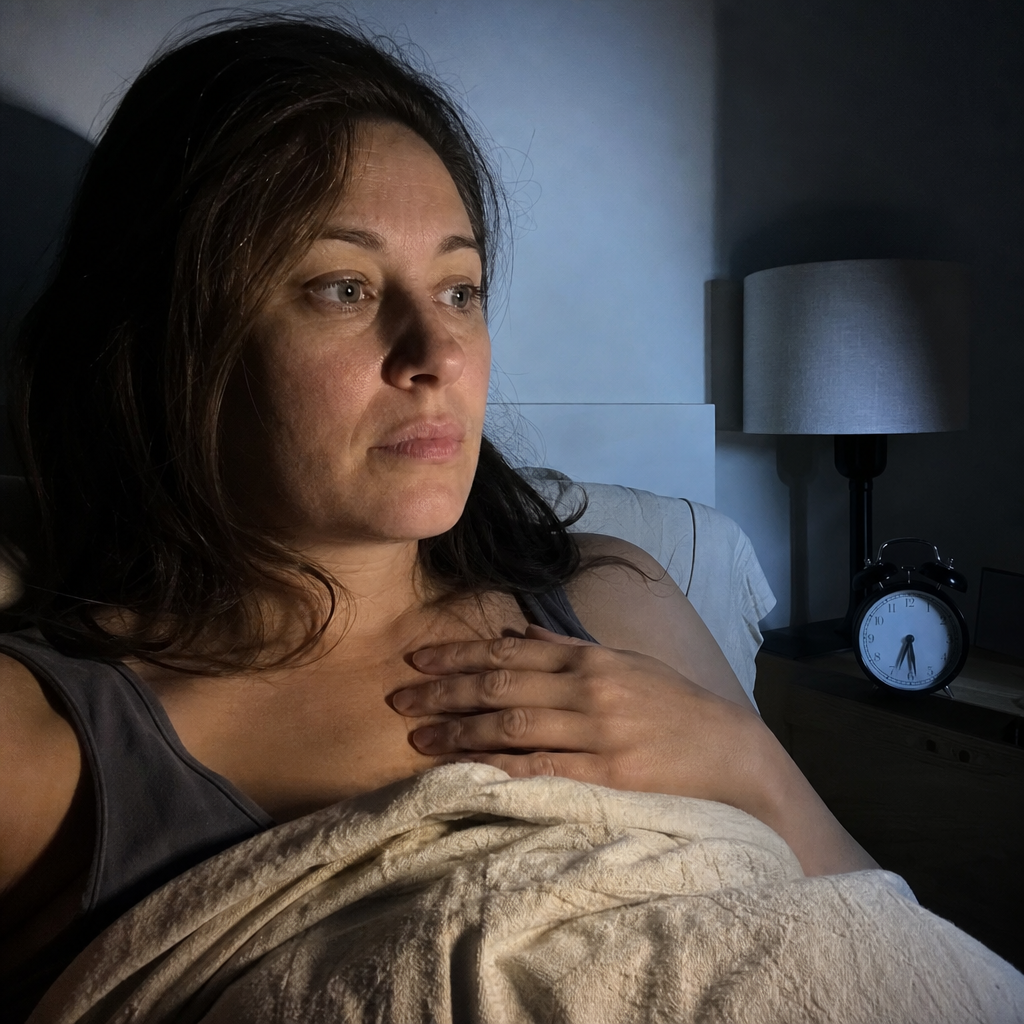 Editorial photo of a woman sitting up in bed at 3am in cold blue light, wide awake, hand on her chest, the cortisol rebound between 1am and 4am