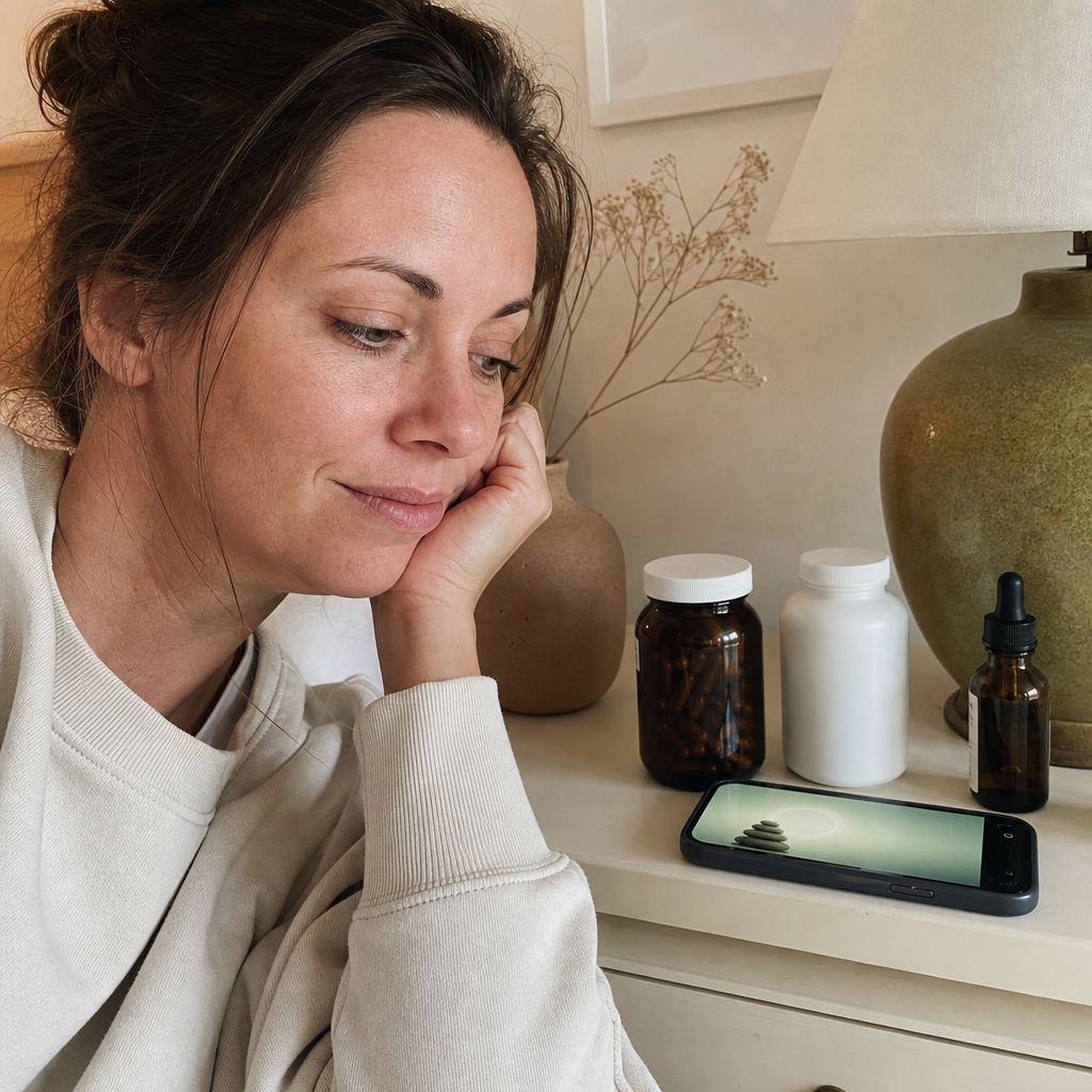 Editorial flat-lay of the swaps that missed on a nightstand, a magnesium bottle, a melatonin bottle, a phone showing a meditation app, and a CBD tincture, none of them the same lever