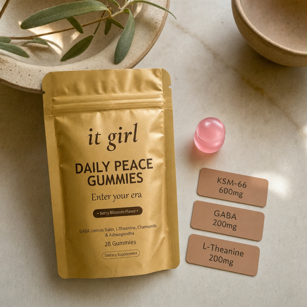Three warm dose cards reading KSM-66 600mg, GABA 200mg, L-Theanine 200mg beside a single gummy on a cream surface, the studied doses named on the label