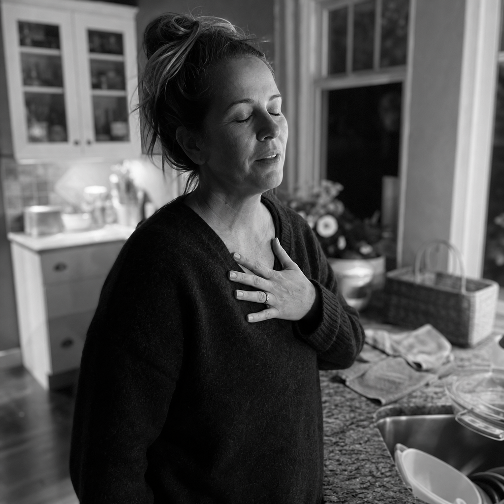 A high-contrast black-and-white documentary photo of a real woman in her forties at her kitchen counter at 7pm at the end of a long day, wired and depleted, letting out a slow exhale with a hand on her chest, no wine glass and no product, the reach made human