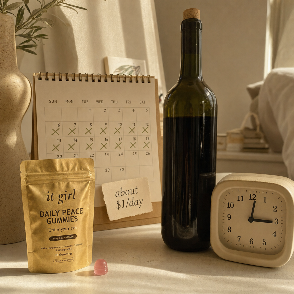 A warm full-color cost-comparison still life, the gold It Girl Daily Peace pouch with a month calendar and an about a dollar a day tag on one side against one plain dark bottle of wine and a bedside clock reading 3:00 on the other