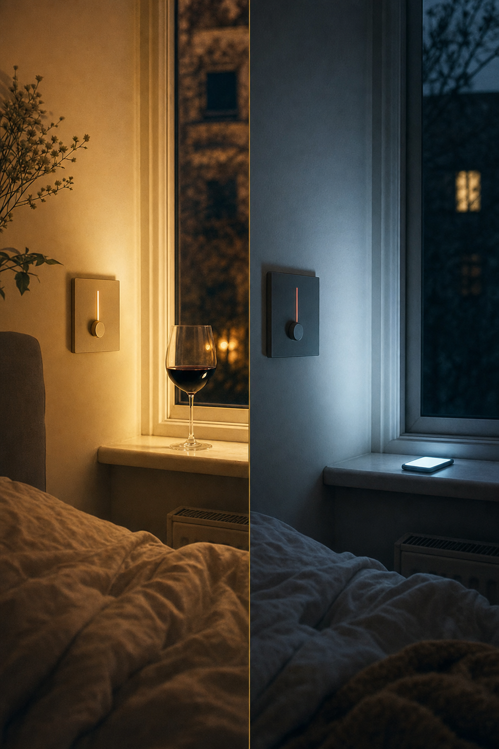 The same woman from the triptych one beat forward, sitting calm on the edge of her bed as the cold blue 3am light eases toward warm dawn, phone down, the arc of one night resolved, no wine and no product in frame